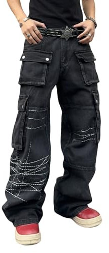 Zewool Herren Gothic Baggy Cargo Jeans mit Taschen Y2K Hip Hop Weite Beinform Skater Denim Cargo-Hosen Streetwear Goth Steampunk Harajuku Punk Lockere Passform 2000er Skateboard,B10 Schwarz,L