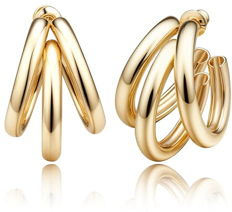 JeweBella Kleine Dicke Ohrringe Gold für Damen 18K Vergoldete Hypoallergene Chunky Goldene Creolen Huggie Offene Tropfen Zirkonia Ohrringe