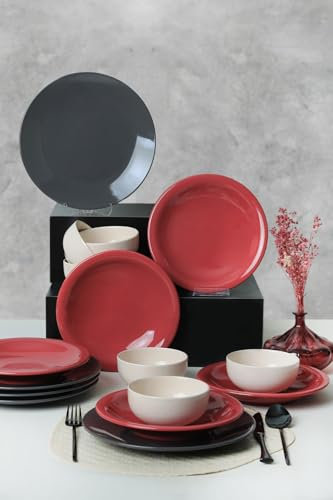 Elegante juego de cena de cerámica de 18 piezas, negro, rojo y blanco, 100% antibacteriano, fácil de limpiar, resistente a los golpes térmicos, apto para lavavajillas y microondas