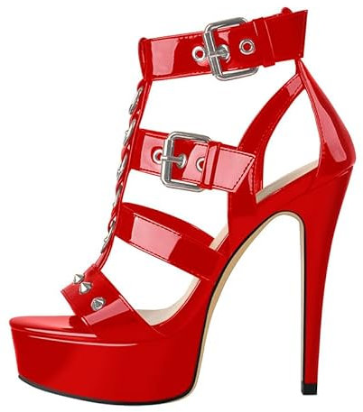 blingqueen Damen Plateau Sandalen T-Spange High Heels mit Nieten Lackoptik Stiletto Absatz Sandaletten Rot 39 EU