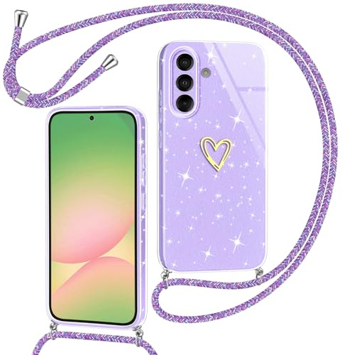 Yichxu Handyband für Samsung Galaxy A56 Hülle mit Band, Glitzer Herz Silikon Handyhülle Kordel zum Umhängen, Schutzhülle mit Kette TPU Gel Stoßfest Necklace Handy Hülle für Samsung A56 5G, Lila