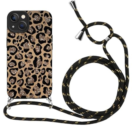 Kueqeay Coque avec Cordon pour iPhone 13 6,1 avec Motif Léopard Noir Case, Aesthetic Silicone étui avec Collier Réglable Corde Souple TPU Antichoc Housse de Protection pour Femmes, 12