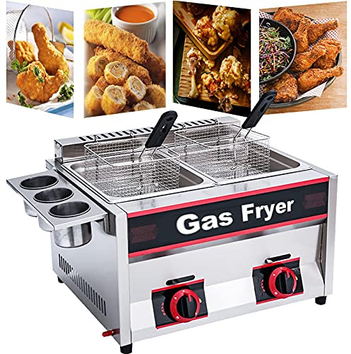 Heihe Freidora de Gas Comercial, freidora de Gas LPG para encimera, Acero Inoxidable, freidora Doble de Gran Capacidad de 22 l, con cestas extraíbles, Potencia de Fuego Ajustable, fácil de Limpia