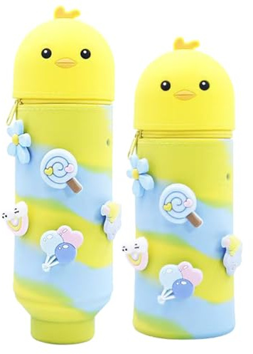 MEISHANG Federmäppchen Silikon-Küken,18 Modelle zur Auswahl,2 in 1 Weiche Silikontasche,Mäppchen Tier 18,5 cm Hoch, Reißverschluss und Ausdehnbar,Stifte Mäppchen für Mädchen Junge(Gelb)
