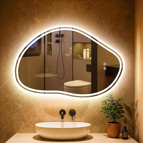 PESENXAN Asymmetrischer Spiegel mit Beleuchtung, Badspiegel mit Beleuchtung 80x53cm, 3 Lichtfarben, Dimmbar, LED Spiegel Bad mit Touch-Schalter und Speicherfunktion, ideal für das Badezimmer