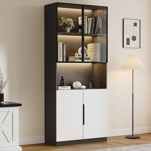 Solisburne Vitrine en verre trempé avec 4 portes et compartiments réglables - 200 cm - Vitrine de collection LED pour salon, chambre à coucher, bureau - Verre trempé - Blanc - Cadre de porte noir