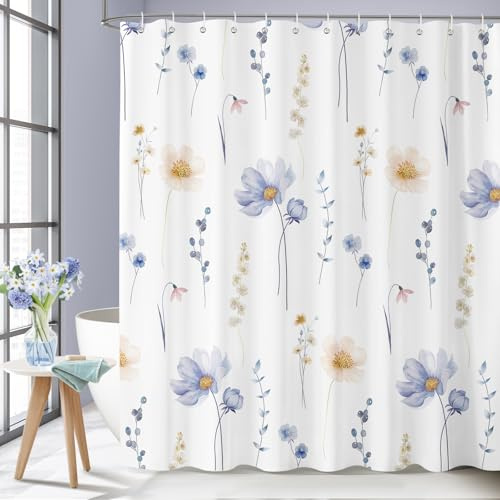 Cortina de Ducha Acuarela Floral 180 x 180 cm, Azul Naranja Tinta Flores Hojas Cortina de Baño, Impermeable Antimoho Poliéster con 12 Ganchos
