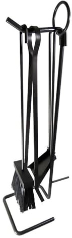 Set Attrezzi da Camino in Ferro Battuto – Supporto con Manico + Scopa, Paletta e Attizzatoio – Design Elegante Nero Opaco (Set Completo)