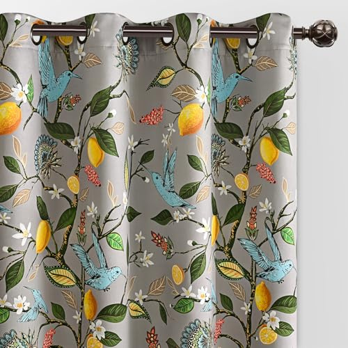 FRAMICS 100 % Verdunkelungsvorhänge für Schlafzimmer, Vintage-Blumen-Vorhänge für Wohnzimmer, 160 cm lang, luxuriös, gemustert, grau, Vorhang mit Zitrone, Kolibri, Ösen, wärmeisolierte Vorhänge, 2