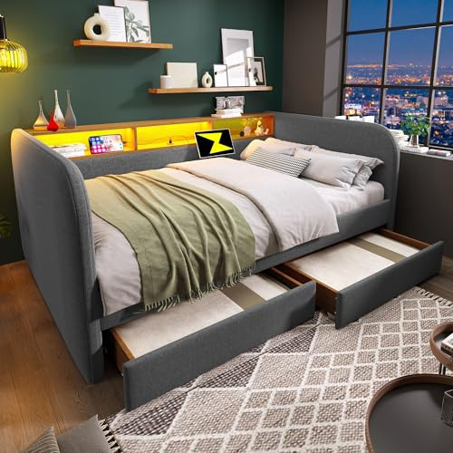 Yihomfy Polsterbett Tagesbett 140x190 cm, Doppelbett Schlafsofa mit USB-C Ladefunktion, Bettgestell mit Lattenrost, Jugendbett Daybett mit 2 Schubladen und Stauraum-Kopfteil, Leinen, Ohne Matratze