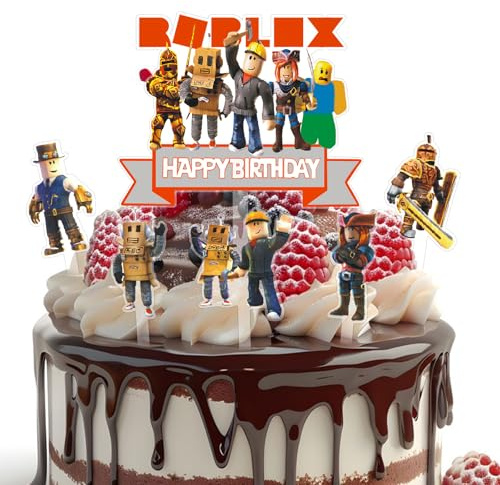 NlsqUK 7 PCS Roblx Cake Toppers, Rblox Cake Decorations Acrylic, 1 Large Cakes Topper 6 Cupcake Toppers for Birthday Party Decorations