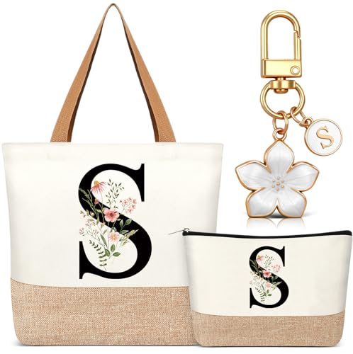 Hestya 3er Set Geschenke für Frauen 1 Personalisierte Canvas Tragetasche mit Initiale 1 Kosmetiktasche Brief Namen 1 Schlüsselanhänger für Freundin Kollegin Geburtstag Hochzeit