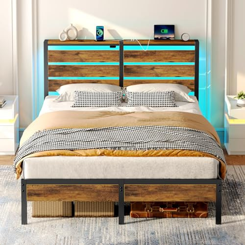Rolanstar Bettgestell mit LED, Metallbettl mit USB-Ladestation & Holzkopfteil mit Stauraum, Doppelbett mit Stauraum unter dem Bett, perfekt für Schlafzimmer (Vintagebraun, 140 x 200 cm)