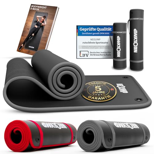NEOLYMP extra dicke Fitnessmatte rutschfest mit Aufhänge-Ösen inkl. Tragegurt & E-Book – Yogamatte, Gymnastikmatte, Sportmatte & Pilates Matte (Grau, 61 cm | 1 Matte)