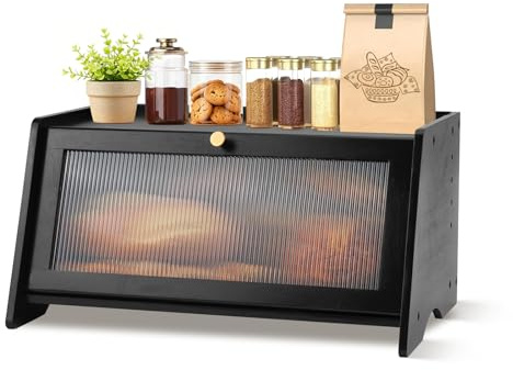 Bread Bin for Kitchen Countertop, Bamboo Bread Stoage Container Box, Wooden Breadbox Holder Large Capacity Vintage Farmhouse Food Organizer for Pantry Shelf, Striped Window Door Panel (Black)