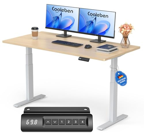 DeHong Höhenverstellbarer Steh-Sitz-Schreibtisch für Büro & Zuhause, 25mm EINTEILIGER Tischplatte, ergonomischer Schreibtisch mit LED-Höhenanzeige und Memory-Funktion