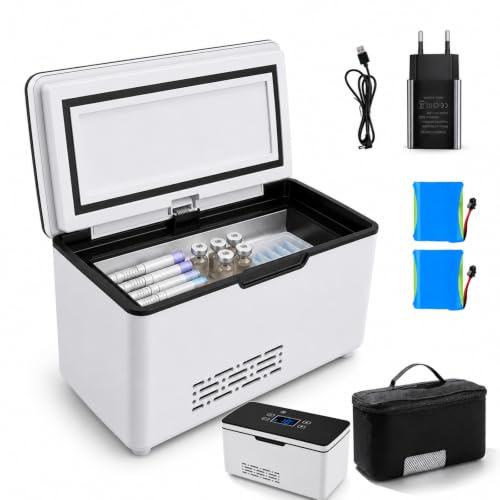 Frigo portatile elettrico, a batteria, per insulina e peptidi, indicatore LED regolabile da 0 a 18 °C, con due batterie da 10600 mAh, per casa, viaggi, auto