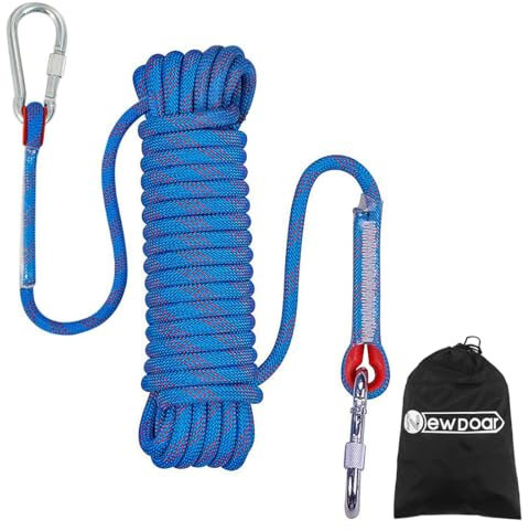 NewDoar 12KN Statisches Kletterseil 10mm Zubehörschnur Ausrüstung Fluchtseil 10M/20M/30M Kletterseile mit 2 Karabinern zum Abseilen, Eisklettern, Feuerrettung, Abseilen etc-Blau/10 m