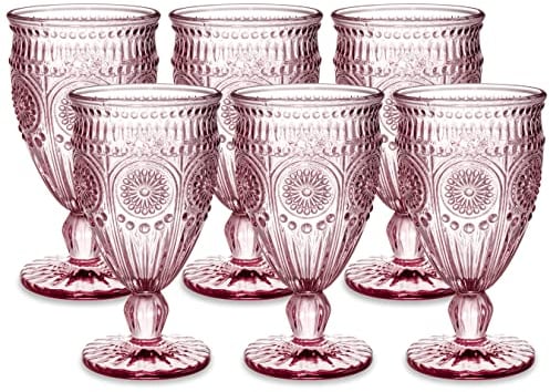 Kingrol 6 Stück Vintage Wasserkelche, 284 ml Weingläser, gemischte Getränkegläser, romantisches rosa Trinkgeschirr-Set für Hochzeit, Party, den täglichen Gebrauch