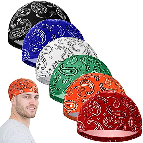 Haysandy 6 Pcs Cooling Skull Cap Motorcycle Helmet Liner Men Women Sweat Wicking Beanie Bicycle Running Cap Head Wrap(Stylish Style) Multicoloured