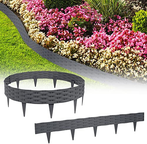 YUENFONG 10m Beeteinfassung Rasenkante Biegbarer Beetumrandungen Kunststoff Rasenkanten, Rattan-Optik Zaun Gartenpalisade Beetbegrenzung, 10 Elemente á 100cmX20cm, Anthrazit