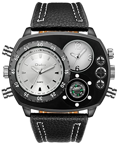 JewelryWe Herrenuhr Analog Quarz Kompass Zwei Zeitzone Armbanduhr Männer Leder Armband Übergroße Uhr Sportuhr mit großem Rechteckigen Zifferblatt Weiß