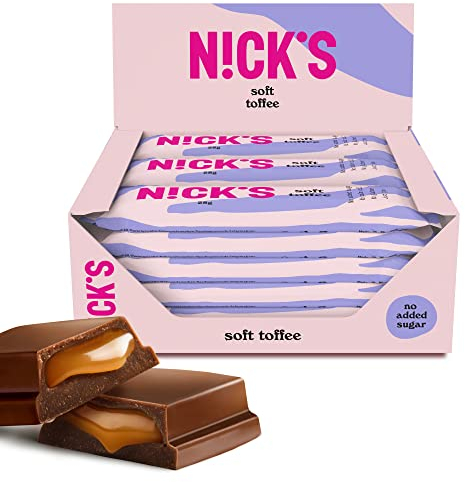 NICKS Barre Keto Soft Toffee, Caramel Fondant enrobé de Chocolat au lait Sans Sucre Ajouté, Sans Huile De Palme, Low carb | 110 kcal, 3,5 glucides nets, Bonbons au caramel sans gluten (15x28g)
