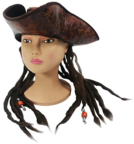 Piratenkapitänshut mit Dreadlocks – Handgemachter Deluxe-Tricorn aus Retro-Kunstleder für Kostümpartys & Cosplay