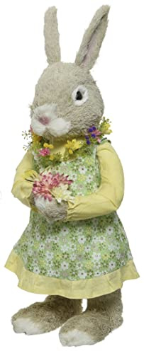 ETC großer frühlingshafter putziger Deko-Hase Osterhase aus Gras als Hasenmann mit Blumenkorb oder Hasenfrau mit Blumenstrauß (gelb)