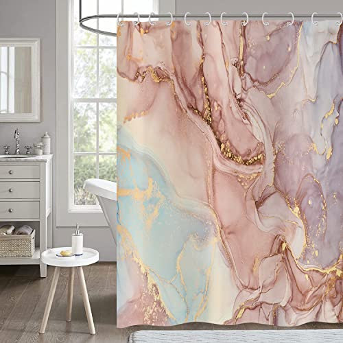 Hnmdmyi Duschvorhang Marmor Rosa 180x180, Lila Gold Glitzer Duschvorhänge Abstrakt Modern Luxus Aquarell Tinte Kunst Badewanne Vorhang Wasserdicht Polyester Stoff Waschbar Badevorhang mit Haken