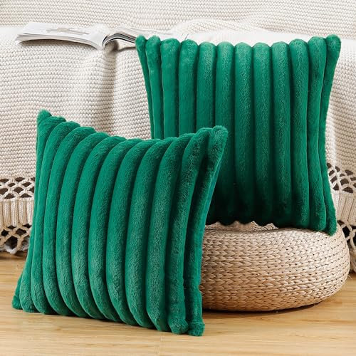 Madizz 2er Set Kunstpelz Plüsch Dekorative Kissenbezüge Flauschig Gestreifte Weich Dekorative Kissenbezug für Sofa Schlafzimmer Kissen Shell Grün 65 x 65 cm