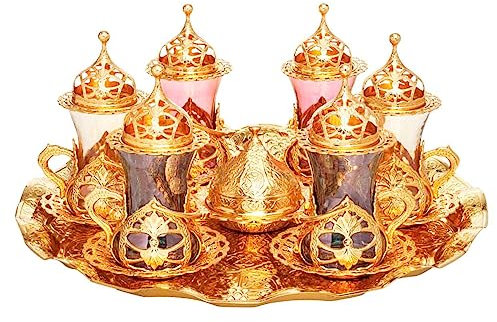 6 PC MELTED COLOUR Glass Turkish Tea Set -GOLD HURREM Tea Glasses, Saucers, Ottoman Lids, Sugar Bowl & Tray -Artisan Turkish Coffee Glasses, Wedding Gift, Celebrations (6 GOLD HURREM Coloured Glasses)