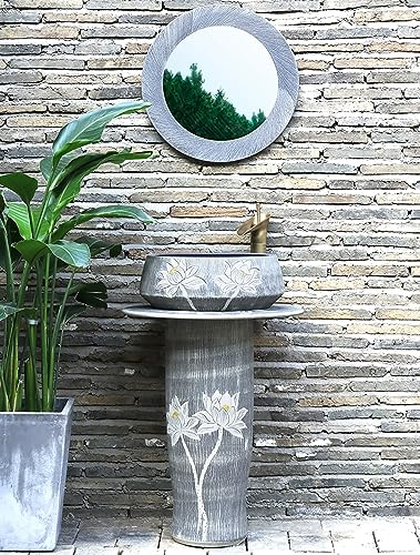 ZTGL Vasque sur Pied Céramique Antique, Motif Pierre Imitation Lavabo Colonne Lotus Sculpté Rétro Style Industriel, Évier Salle De Bain Au Sol avec Robinet et Kit de Vidange,with Mirror