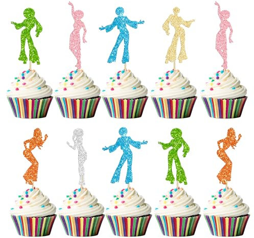 Gyufise 24Pcs 70's Disco Dancing Cupcake Toppers Multi Glitter 70's Disco Cake Decorations Disco Cupcake Picks for Disco Ball Music Theme Party Birthday Party Wedding Party Decorations