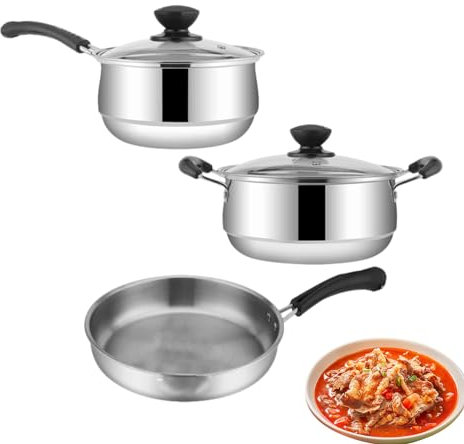 Juego de ollas y sartenes para utensilios de cocina, juego de ollas y sartenes antiadherentes | 3 sartenes de cocina de acero inoxidable | Cacerolas y sartenes antiadherentes para cocinar a