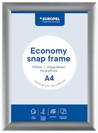 Europel Economy Klapprahmen, A4,Farbe Silber, Aluminium Profil 25x11 mm, Maße 241x328 mm, für Poster 21x29,7 cm, Posterhalter, Hotel, Büro, Restaurant, Speisekarten, Werbung, Botschaft