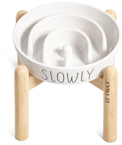 LE TAUCI PET Ceramic Slow Feeder Dog Bowls Elevated for Small and Medium Breed with Wooden Stand, 1.5 Cups Dog Dishes to Slow Down Eating, Anti-Gulping Pet Feeding Dishes,White