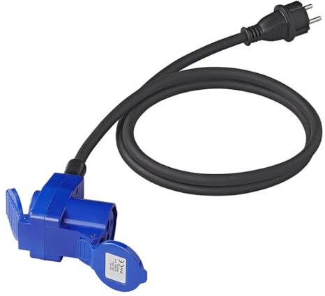 Multibros Adapterkabel 150cm – Schuko Stecker auf CEE Winkelkupplung + Schuko Steckdose – 3x2,5mm² H07RN-F Neopren – 16A IP44 – Wohnwagen Wohnmobil Camping Anhänger wetterfest