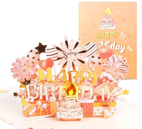 OFFCUP Geburtstagskarte mit Musik, 3D Pop Up Grußkarten Geburtstag, Blowable Feuerwerk Karte Pop Up Kuchen Geburtstagskarten 3D Pop Up Karte mit Umschlag Geburtstag Grußkarte für Frau Männer