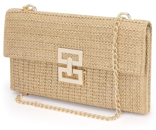 Bolso de Mano de Paja para Mujer, Clutch de Playa de Verano Bolso de Fiesta Noche con Cadena de Metal Bolso de Hombro para Vacaciones Playa Boda