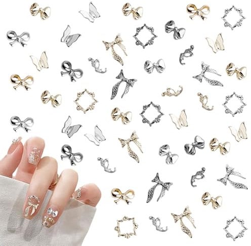 Bow Nail Charms, 54 Pcs Gold Silver Butterfly Nail Charms 3D Nail Art Decorations Accessories Cute Nail Gems Jewels for Women Girls Nail Design DIY Crafts