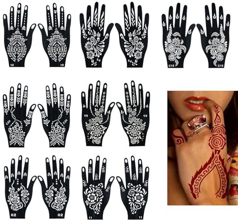 14 Blatt Henna Tattoo Schablonen Für Hände Und Finger, Arabisches Henna Schablonen Set Wiederverwendbar, Temporäre Tattoo Vorlagen Für Frauen, Ideal Für Party Festival Körperkunst