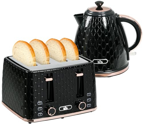 HOMCOM Wasserkocher Toaster Set 1,7L Wasserkocher 4 Toastscheiben Frühstücksset mit 7 Bräunungsstufen, automatischer Abschaltung, Auftau- & Aufwärmfunktion und Krümelfach, Schwarz