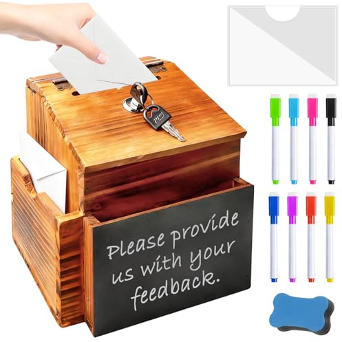 Scatola di suggerimenti in legno, 20,3 x 15 x 27 cm, con chiusura a chiave, 8 colori e lavapavimenti non magnetici, cassetta delle lettere in legno per scuola, ufficio, ospedale, proposta, donazione