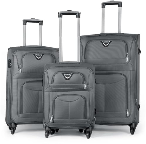 MERCURY TEXTIL - Juego de Maletas 3pcs de Tela (Gris) | con 4 Ruedas Giratorias 360°, Expandible (Cabina, Mediana y Grande), Cierre de Seguridad - Ideal para Viajes y Vacaciones