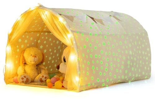 COSTWAY Kinderzelt, Spielzelt mit Leuchtsternen, Netzvorhängen, Lichterkette & Wimpeln, Kinder höhle, Spieltunnel Kinderzimmer, Spielhaus Indoor & Outdoor für Jungen & Mädchen