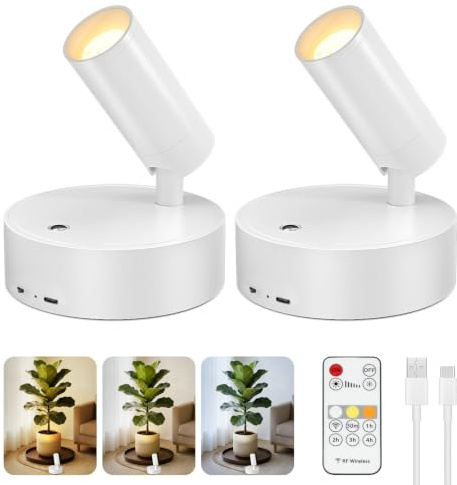 Kimjo Aplique Pared Interior sin Cable Recargable USB Focos de Pared Blanco | 2 Pieza Lámpara de Pared Interior a Pilas, 350° Giratorio Foco LED Inalámbrico con Mando a Distancia para Planta, Obra Arte