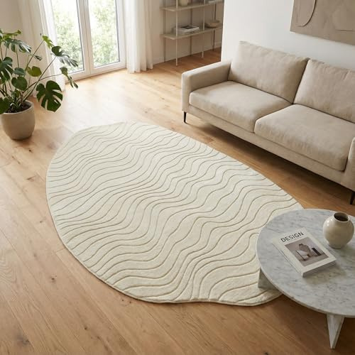 HAVARGO Teppich Wohnzimmer 120x180 cm Creme - Asymmetrisch 3D Wellenmuster - Kurzflor Waschbar & rutschfest - Moderner Teppiche für Schlafzimmer, Kinderzimmer