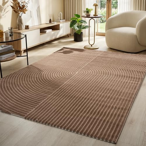 VIMODA Kurzflor-Teppich Boho modern – Dünner Wohnzimmer- & Schlafzimmerteppich mit 3D Hoch-Tief-Effekt, pflegeleicht,Maße:200x290 cm;Farbe:Mokka