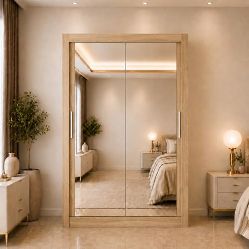 Distro Direct Furniture (DDF) Maple Full Mirror Sliding Door Wardrobe Bedroom Storage 6 Sizes 4 Colours (Oak, 120cm)